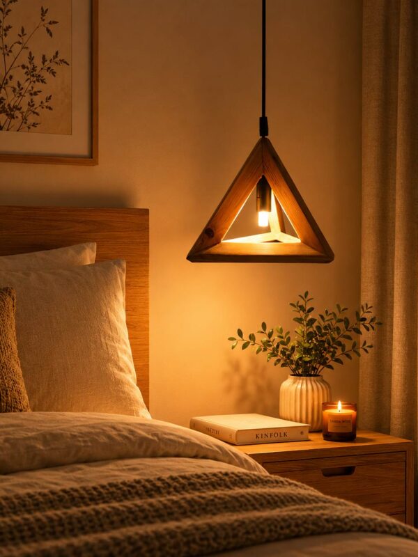 Geometric wooden hanging lamp with natural wood finish