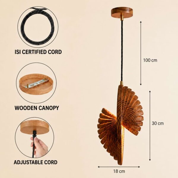 Designer pine wood ceiling lamp with adjustable cord
