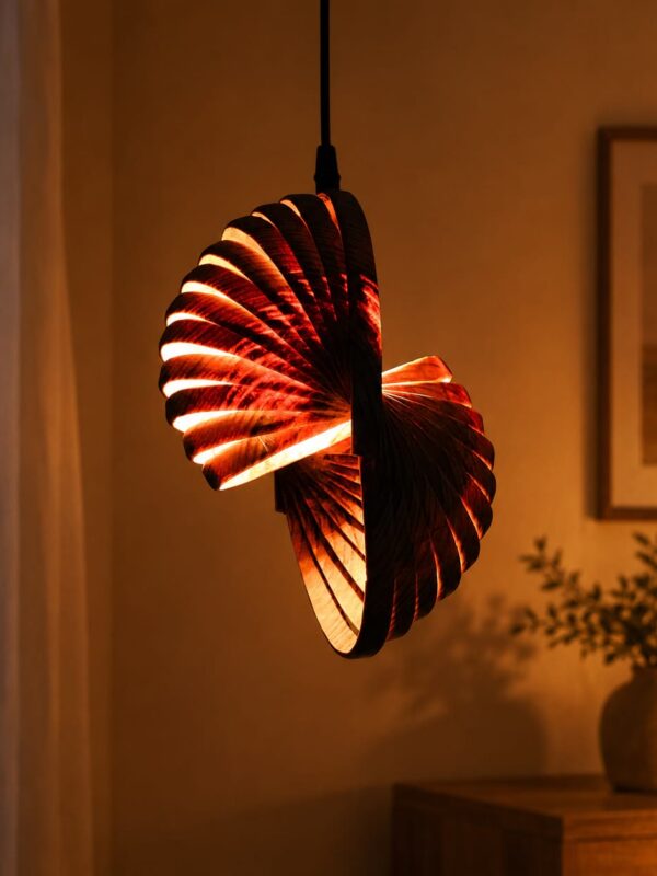 Modern spiral wooden hanging lamp with warm ambient lighting