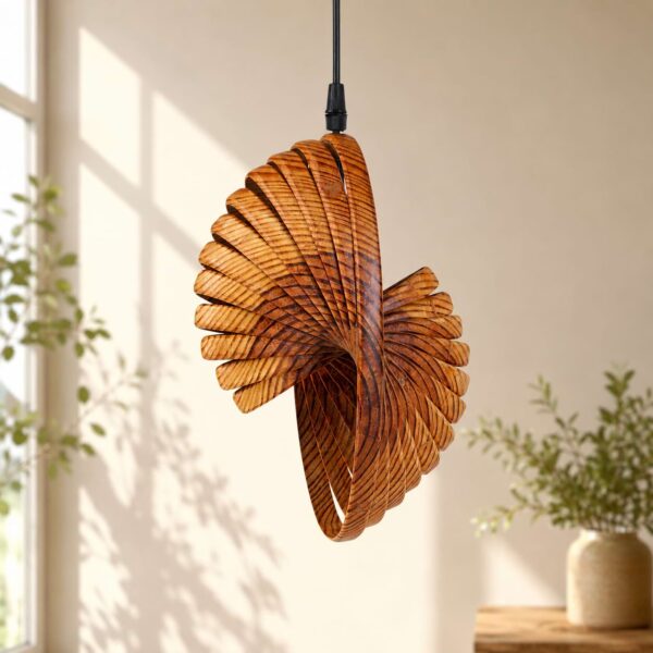 Sculptural wooden pendant light handcrafted from pine wood