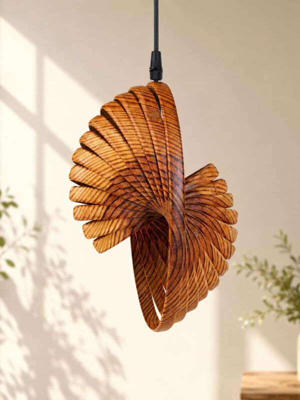 Sculptural wooden pendant light handcrafted from pine wood