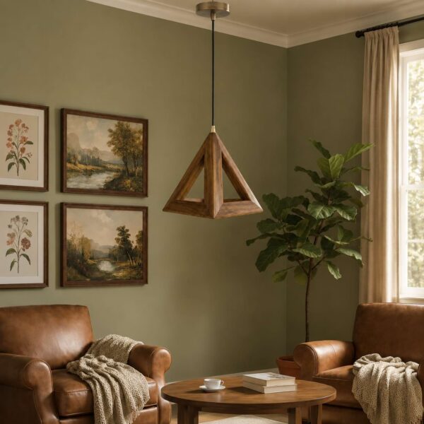 Triad Glow geometric wooden pendant lamp hanging in modern living room