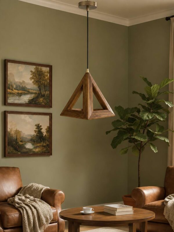 Triad Glow geometric wooden pendant lamp hanging in modern living room