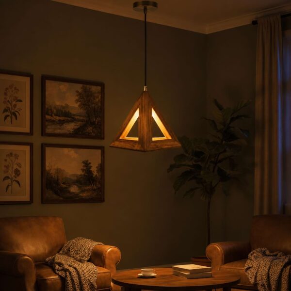 Handcrafted triangle wooden pendant light with warm illumination