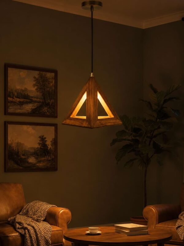 Handcrafted triangle wooden pendant light with warm illumination