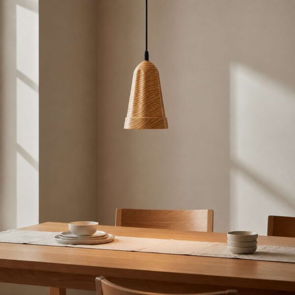 Wooden pendant light with natural pine wood grain and warm ambient illumination