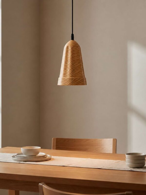 Wooden pendant light with natural pine wood grain and warm ambient illumination