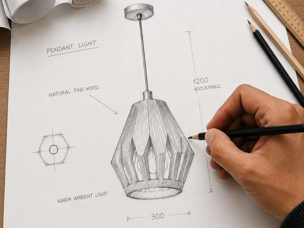 Grehatitude wooden pendant light design sketch with dimensions and warm ambient lighting concept