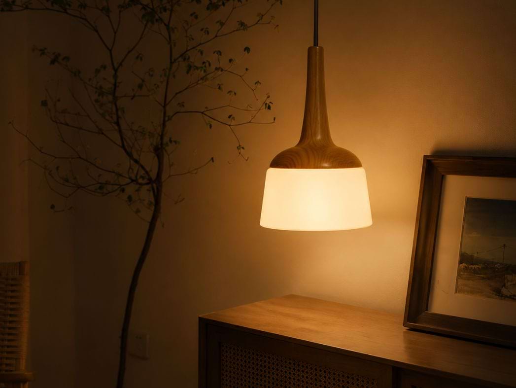 Grehatitude minimal wooden hanging lamp with warm white light for cozy modern interiors