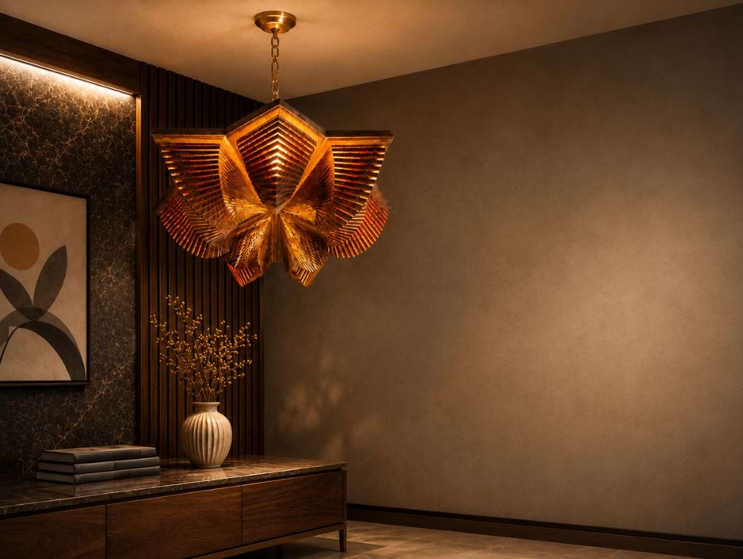 FOR CUSTOM PROJECTS - Grehatitude luxury sculptural wooden chandelier with warm ambient lighting in an elegant interior space