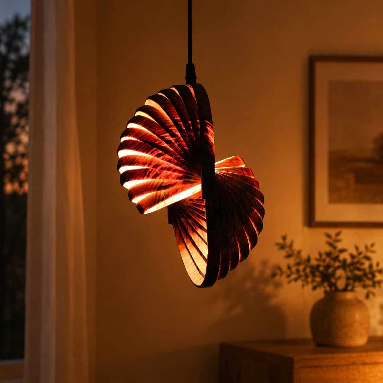 Modern spiral wooden hanging lamp with warm ambient lighting